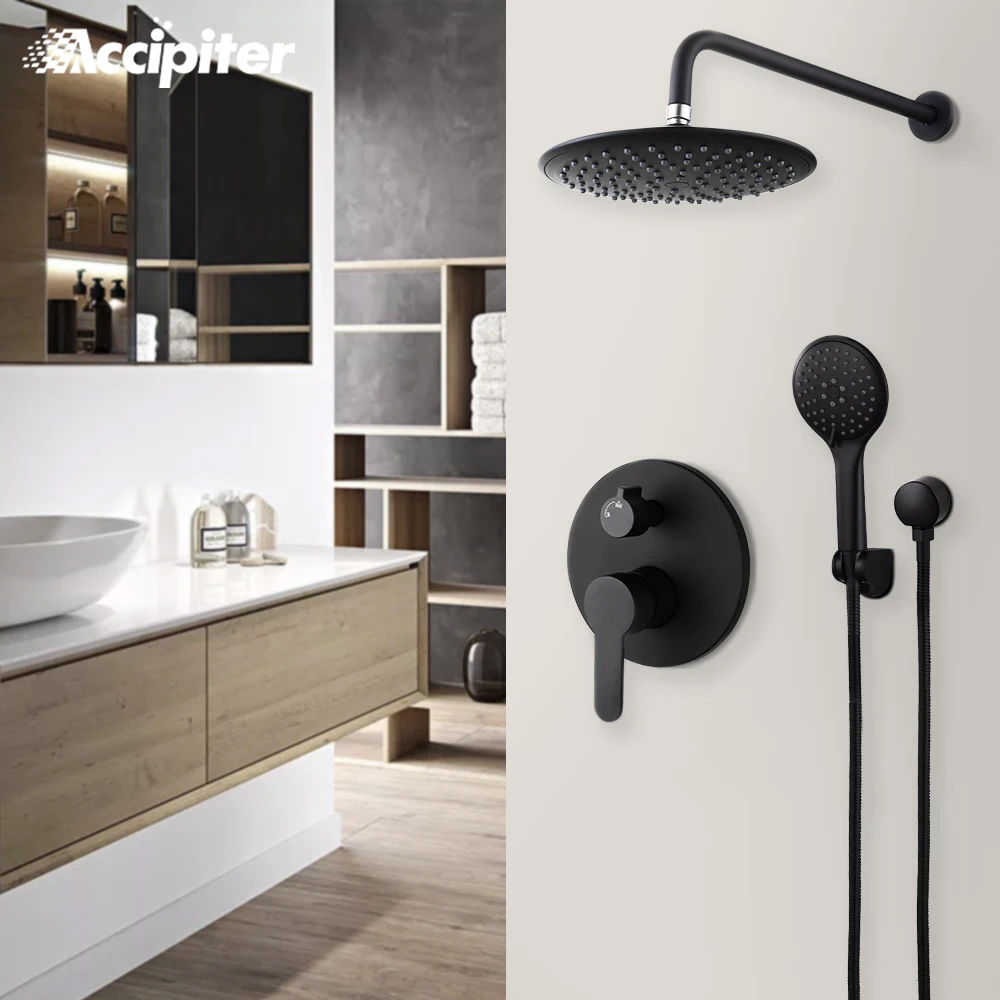Черный душевой набор настенный скрытый смеситель для ванной комнаты клапан