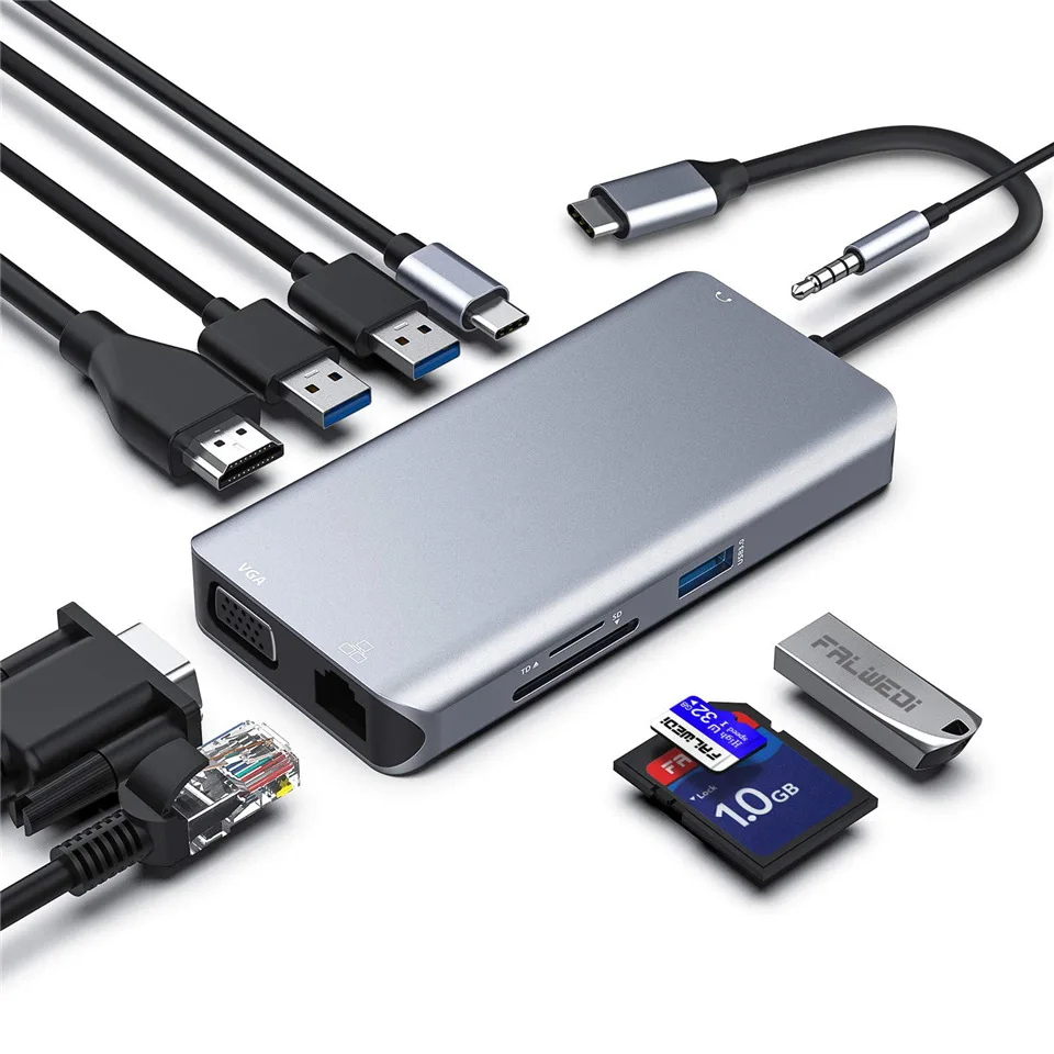

10 port in 1 Port docking station Type USB C HUB to HDMIs VGA Mic Audio Ethernet 4K 30Hz HDMIs 3 USB 3.0 SD TF Card Reader