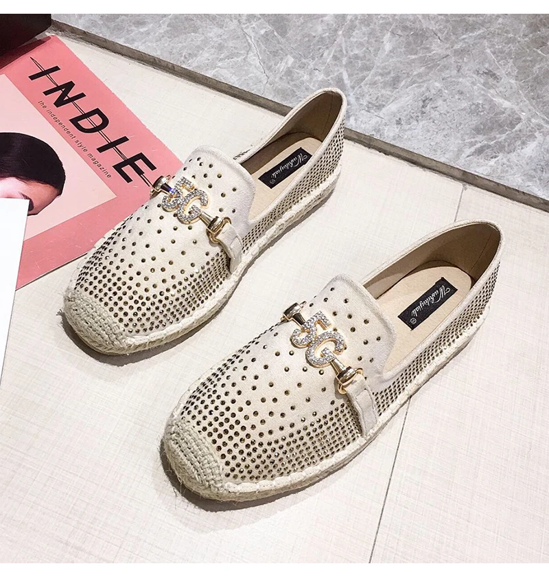 Fashion Hemp Loafers Women Espadrilles Flats Shoes Sewing Rhinestone Round Toe Ladies Casual Moccasins Slip On Brand Style New