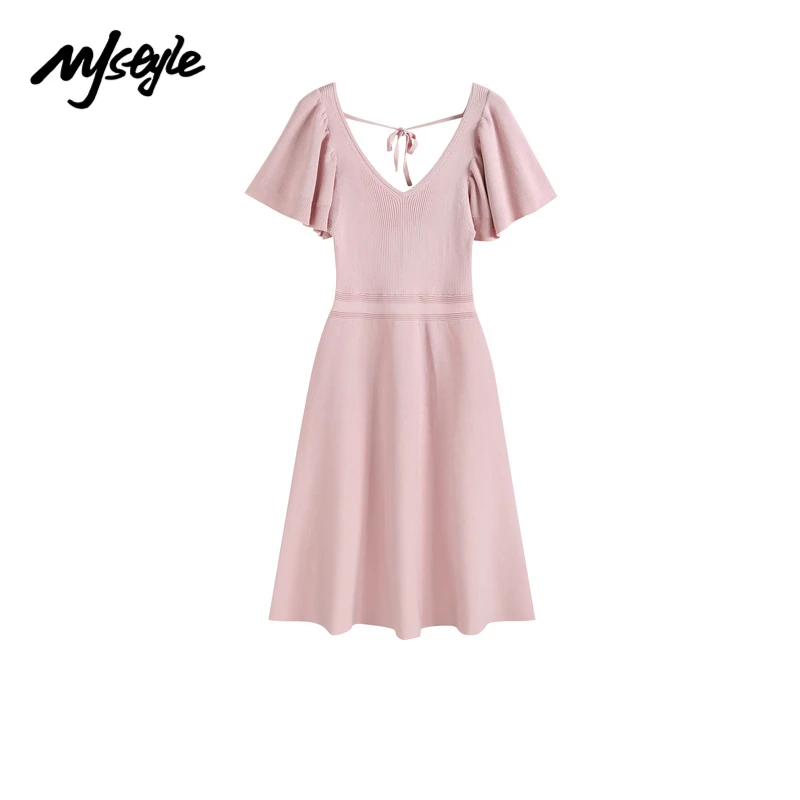 

MJstyle Summer Women Elegant Slim Fitting Dress Office Lady Sexy Fashion V-neck Pink Knit Dress Streetwear Clothing 621060002