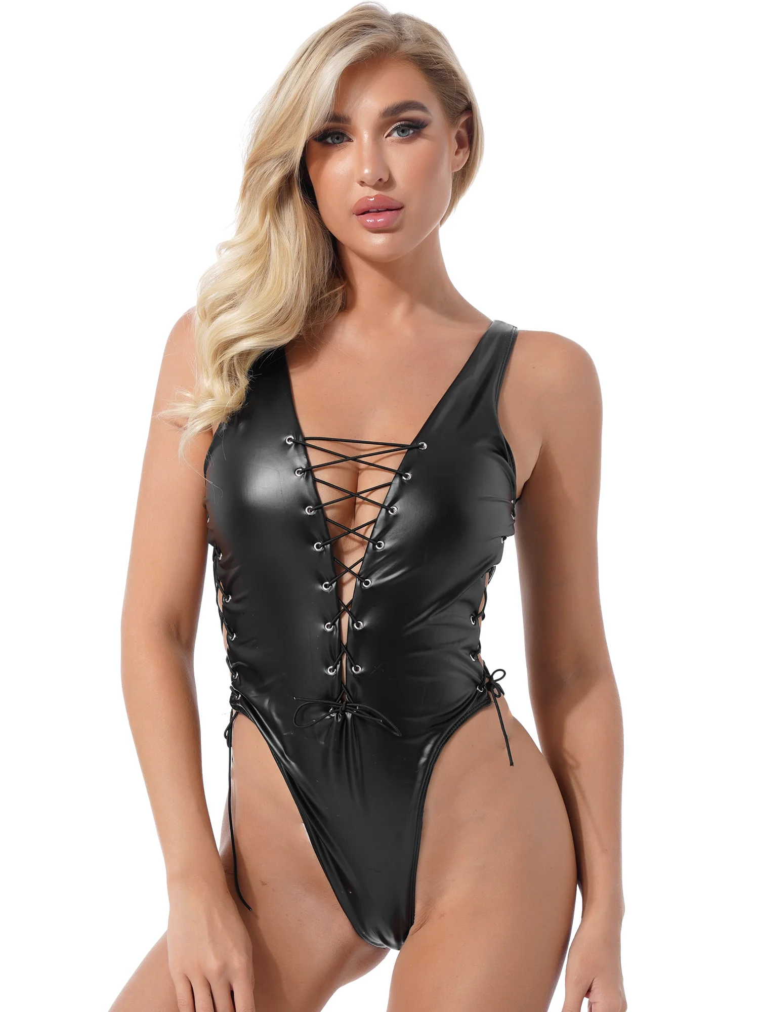 Летний модный женский боди из искусственной кожи с глубоким вырезом на шнуровке