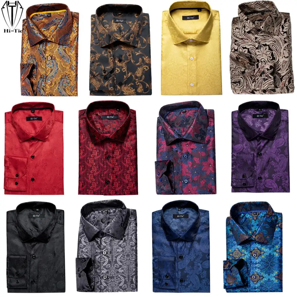 Brand Blue Black Gold Red Green Purple Navy Silk Mens Long Sleeve Shirts Jacquard Woven Breathable Male Outwear Slim Fit Shirt