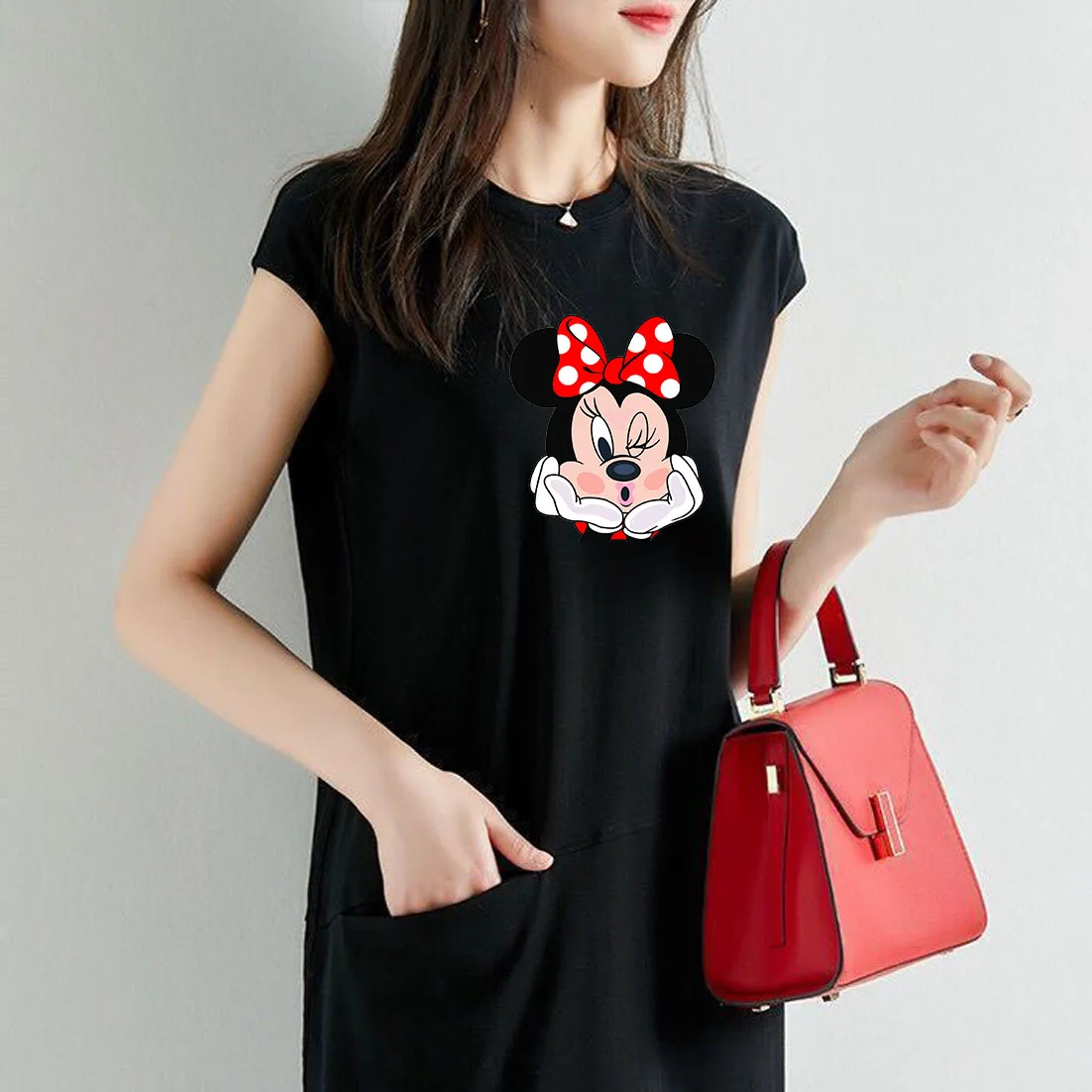 

Disney Short Sleeve Dress Women's Printed Pocket Knee-Length Stitching Round Neck Dress Summer Street Casual 2021 Temperament