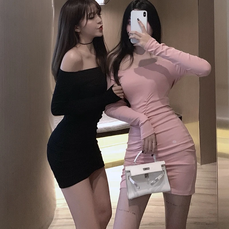 

Sexy Slash Neck Off Shoulder Dress Slim Slash Neck Pleated Dress Women Long Sleeve Dress Vestidos