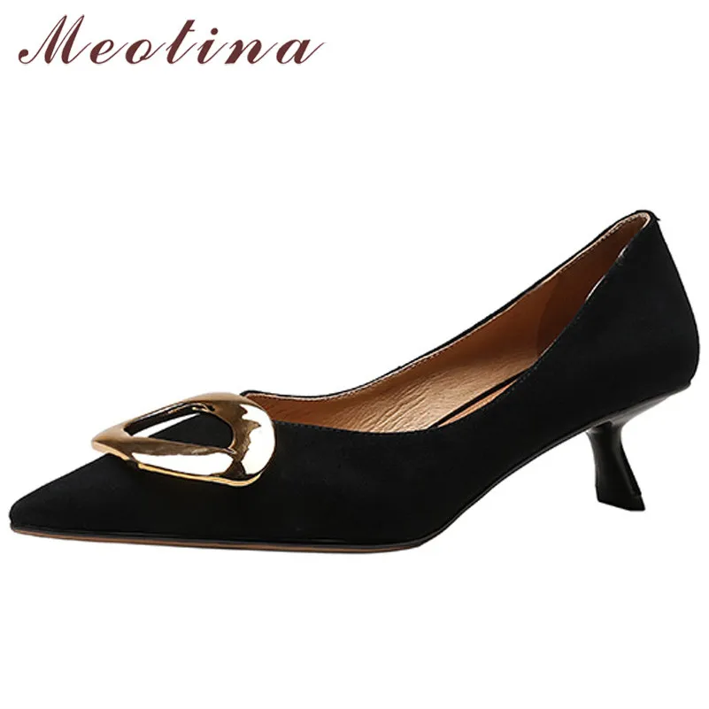 

Meotina Genuine Leather Women Shoes Kid Suede Med Heels Pointed Toe Stiletto Heel Pumps Metal Decoration Female Footwear Black