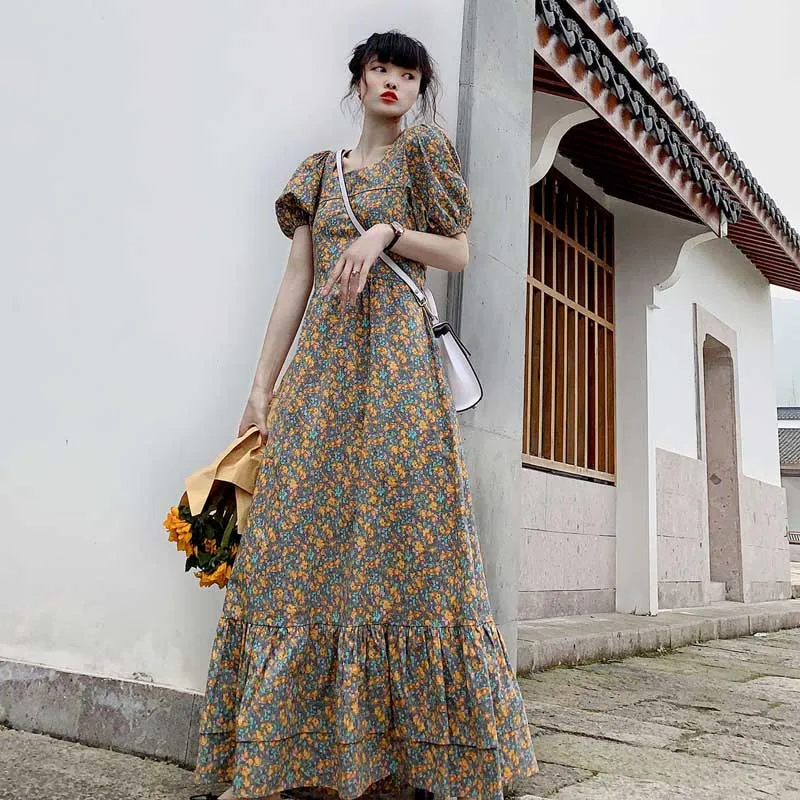 Vestido de una pieza Vintage Floral para mujer, Coreano elegante, ajustado, mangas abombadas, cobertura, largo, 2021
