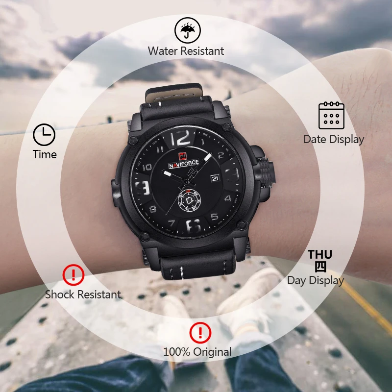 

New NAVIFORCE Top Brand Luxury Watch For Men Quartz Auto Date Casual Business Waterproof Leather Strap Wristwatch Clock Calendar