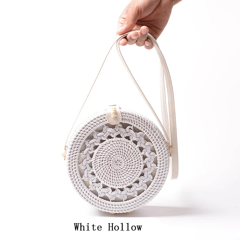 B342-WhiteHollow Круглые соломенные сумки, женская летняя сумка из ротанга, ручная работа, тканая пляжная сумка через плечо, круглая богемная сумка, круговая, низкая цена - Цвет: B342-WhiteHollow