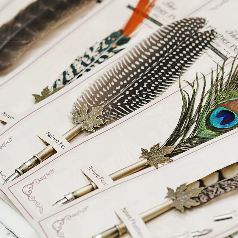 Retro European-style Feather Pen Indian Dipping Fountain 5 Nib Metal Birthday Gift Callgraphy Caneta Tinteiro Chancery |
