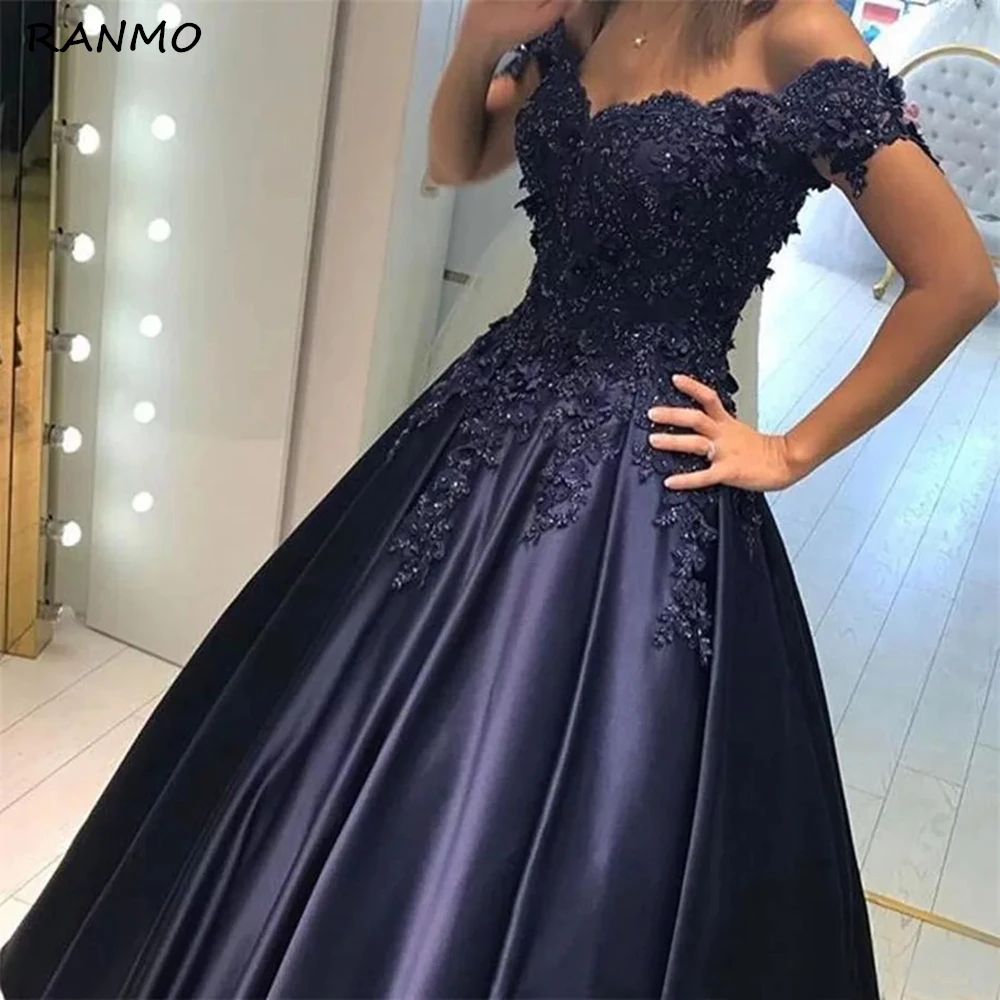 

New Royal Blue Ball Gown Cheap Prom Dress Off the shoulder Lace 3D Flowers Beaded Corset Back Satin Evening Formal Dresses Gowns