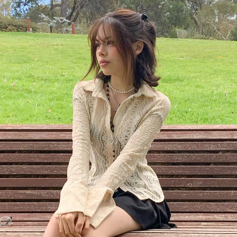 

WeiYao Solid Cute Lace Y2K Shirts See Through Elegant Sexy Long Sleeve Fairycore Tops Women Single Breasted Casual Cardigans