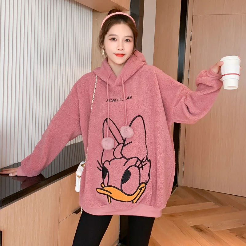Зимние теплые толстовки с капюшоном Disney женская одежда вышивкой Дональд Дак и