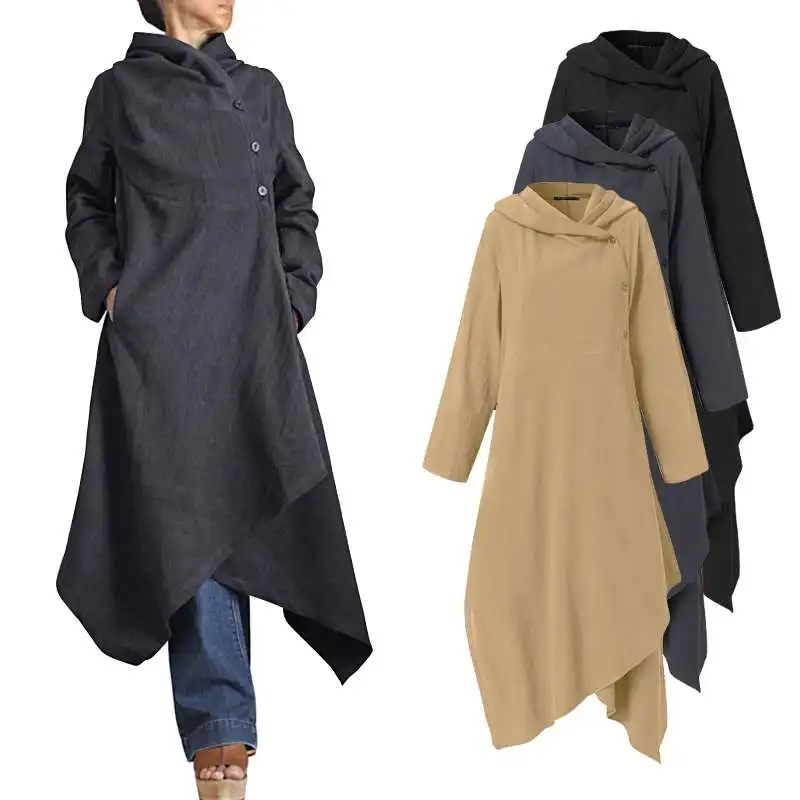

Casual Hoodies Cotton Linen Jackets ZANZEA Spring Autumn Long Coat Womens Chic Irregular Cardigans Female Turtleneck Outwear