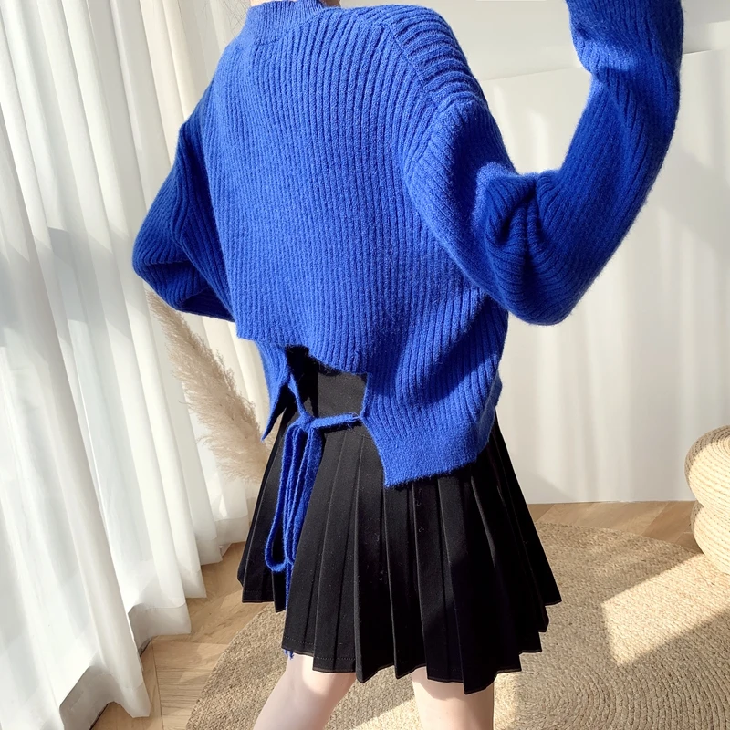 

Make firm offers han edition new winter fashion belt design feeling v-neck sweater coat pure color sweater