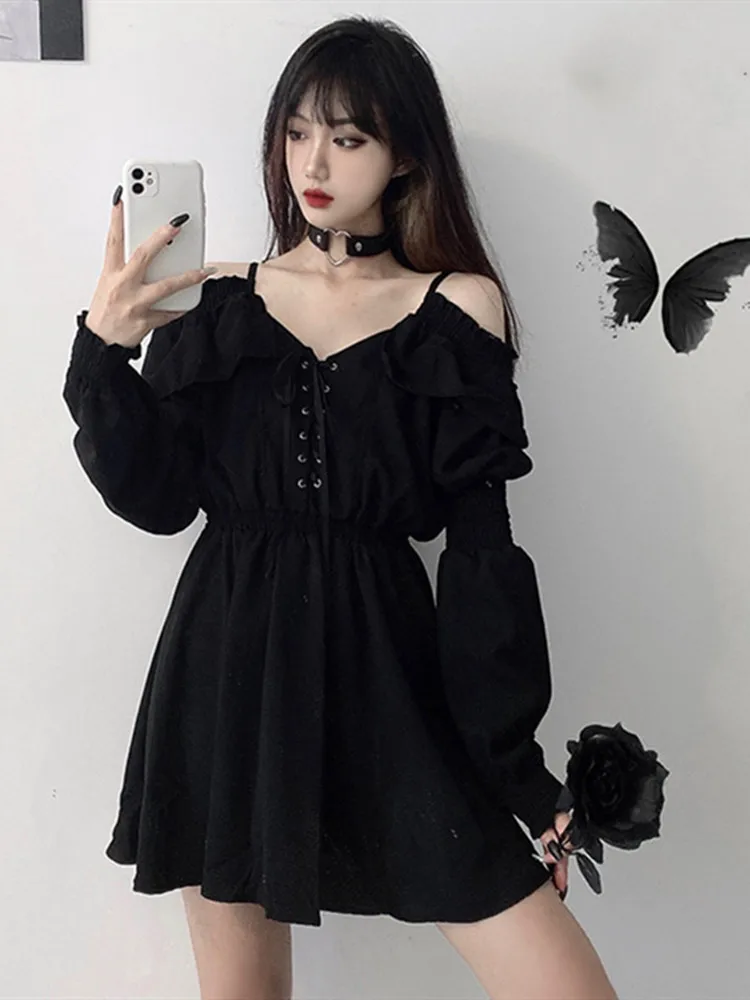 

Женское платье со шнуровкой, Черное Осеннее Сексуальное Женское платье с высокой талией, платье с открытыми плечами и длинным рукавом, готи...