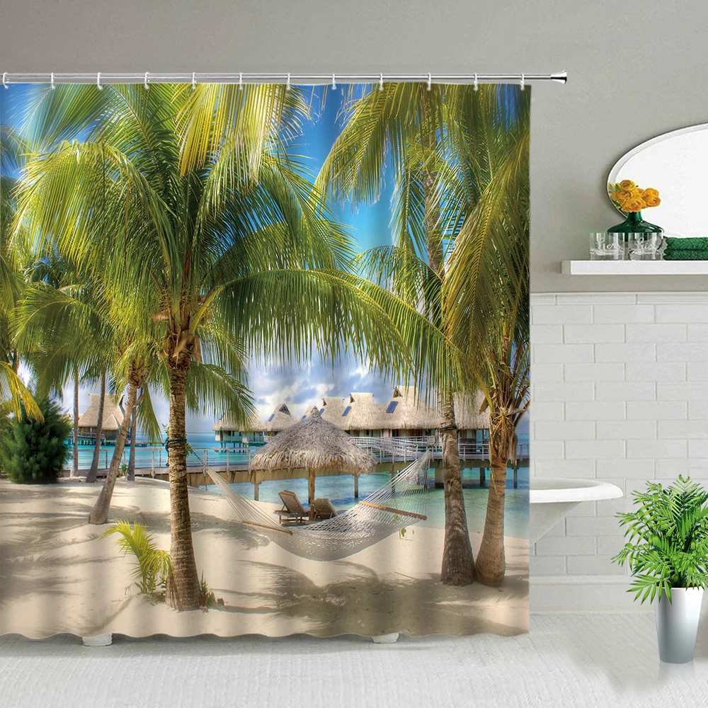 Palm Tree Ocean Animal Scenery Shower Curtains Beach Dolphin Sea Turtle Starfish Landscape Bathroom Decor Bath Curtain With Hook