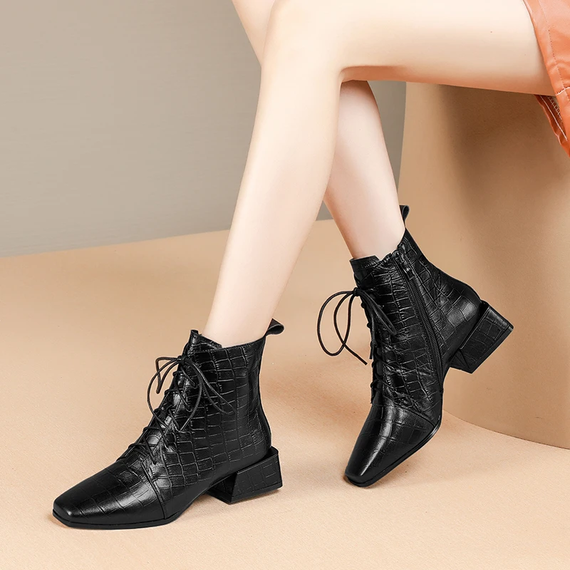 

Women Crocodile Pattern Winter Boots Stylish Square Toe Thick Heel Genuine Leather Embossed Alligator Texture Boots