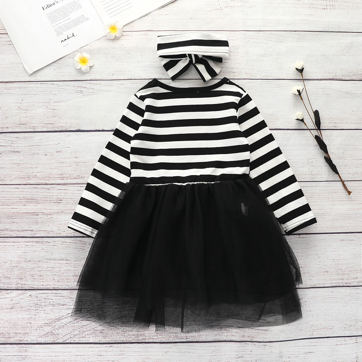 

Pudcoco 2Pcs Kids Baby Girl Outfit Set Halloween Long Sleeve Ghost Pattern Striped Mesh Dress+Headband Setr