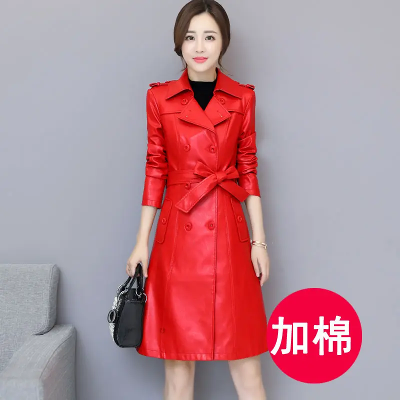 

Women 's Leather Top 2021 Spring And Autumn Korean Style Mid-Length Suit Collar Long-Sleeved Cardigan Leather Wind Coat