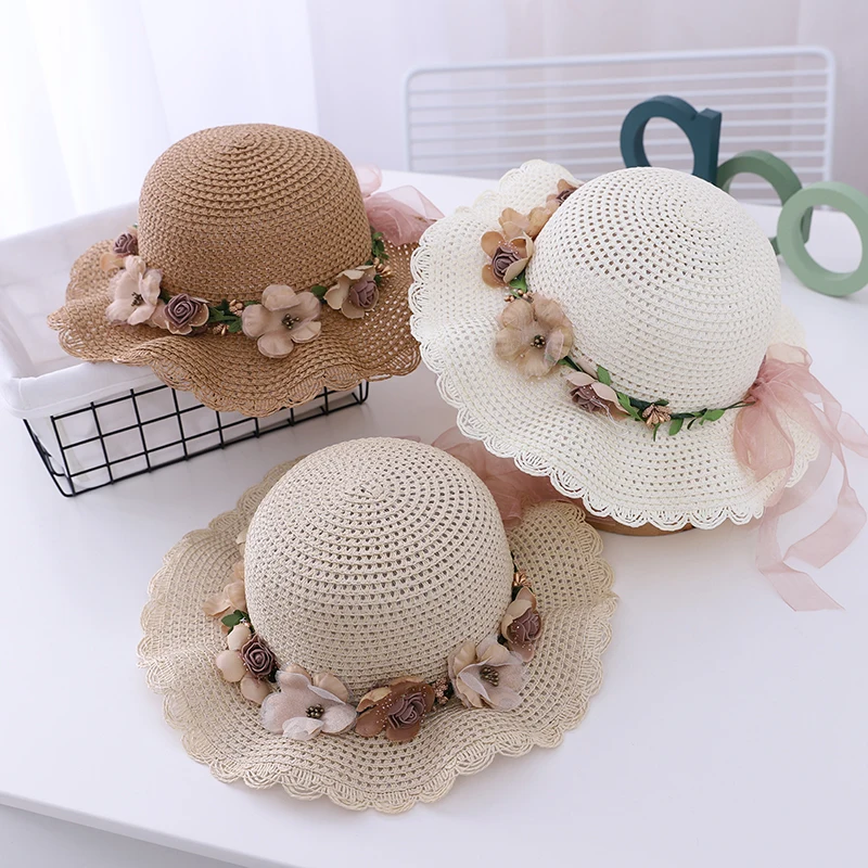 

2021New Girls Summer Hats Baby Sun Hat Sweet Cute Flowers Kids Breathable Beach Hat Wide Brim Sunbonnet Children Straw Hats