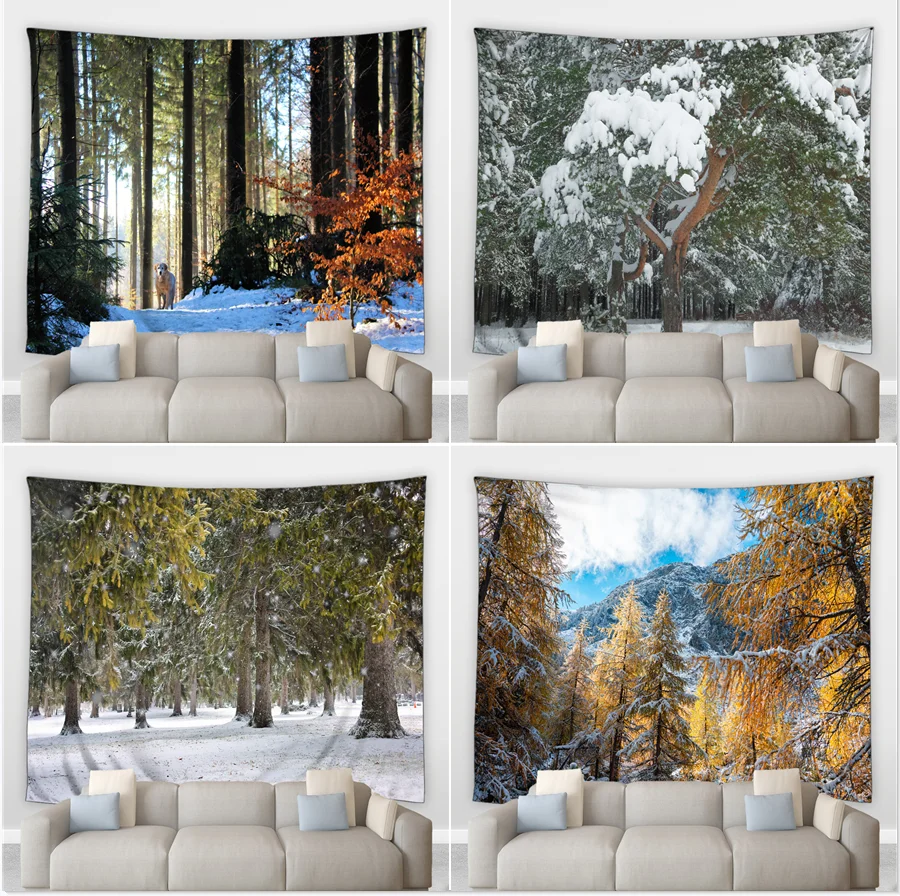 

Большой гобелен с изображением леса на окно, белая снежное поле, Сосновая древесина, зеленые листья, рисунок растений, украшение для дома, подвесные одеяла