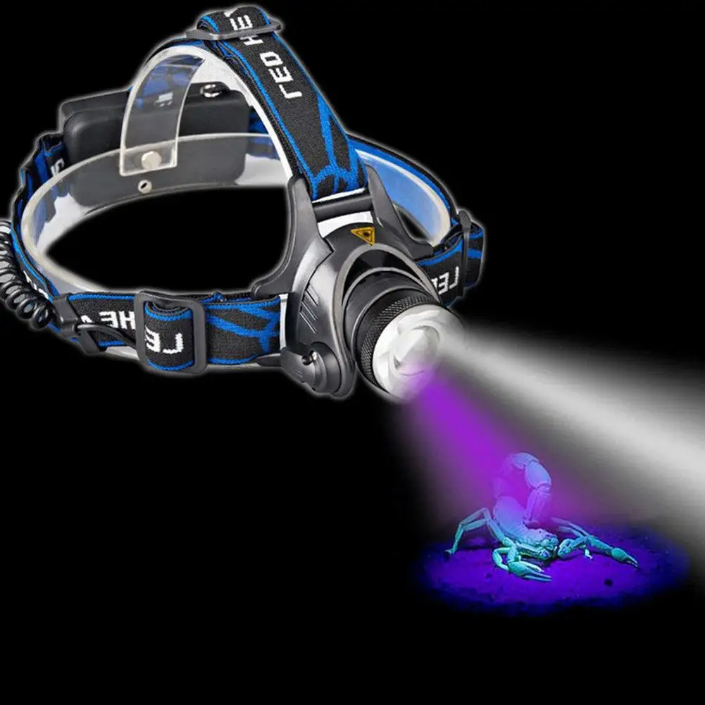 

Portable Dual LEDs Zoom White + UV Light Headlamp Battery Powered Blacklight