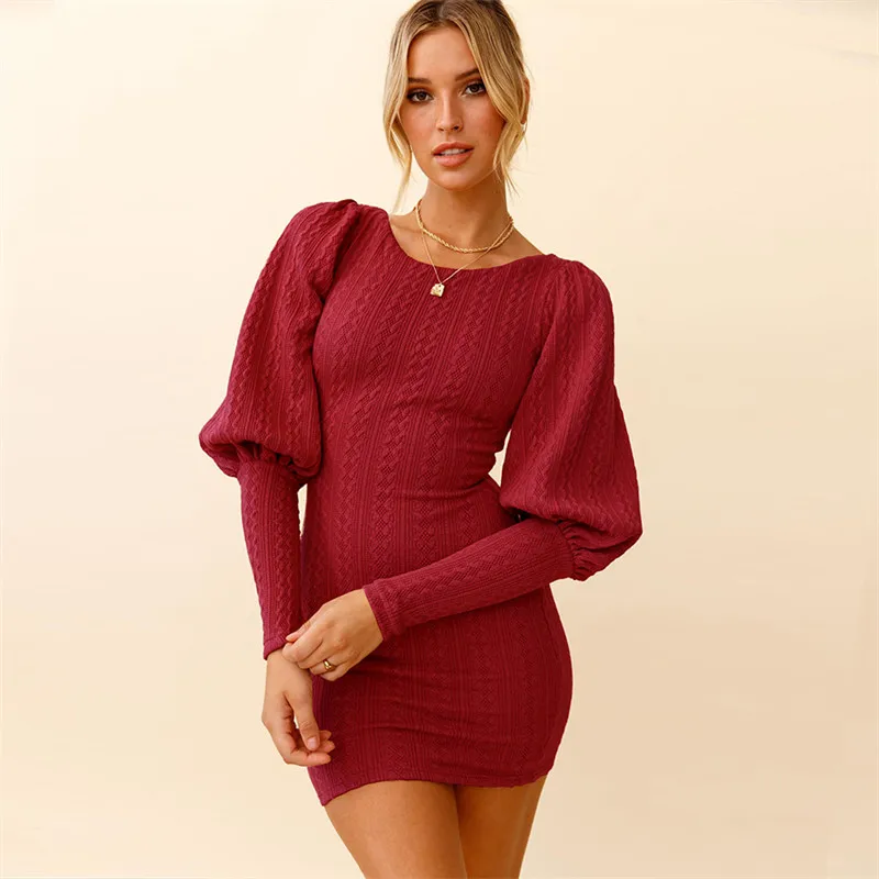 

Women's Trendy Knitted Dresses Solid O-Neck Long Lantern Sleeves Elastic Women Knitting Mini Pencil Dress Autumn Winter 2021
