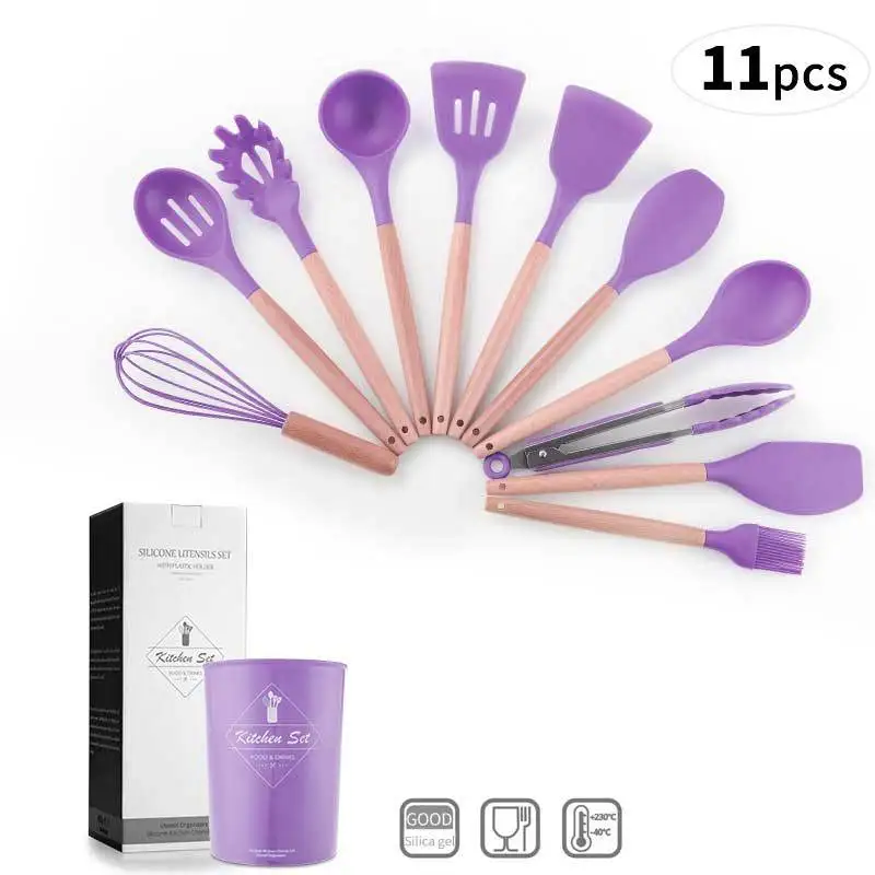 

Silicone Cookware Set Wooden Handle Kitchen Utensils Heat-resistant Kitchen Utensils with Box Non-stick Cookware 11 Baking Tools