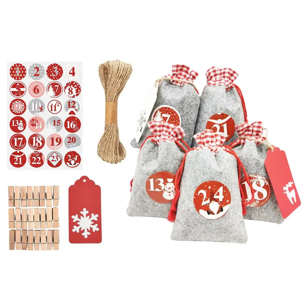 

Retro Christmas Felt Cloth Bag Set Number 1-24 Days Thicker Tear-Protective Party Candy Gift Bag Set