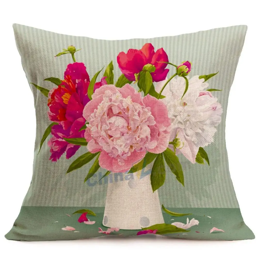 

18 Inch Peony Rose Print Pillow Case Bedroom Bed Cushion Pillow Cover Home Sofa Throw Cushion Decoration
