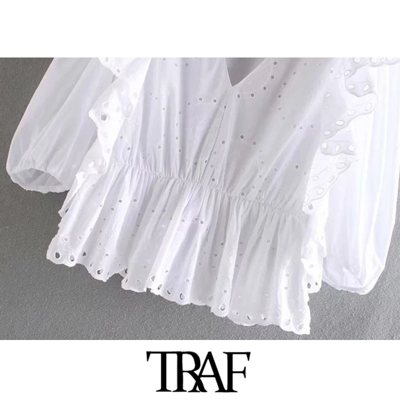 

TRAF Women Sweet Fashion Hollow Out Embroidery Ruffles Blouses Vintage V Neck Half Sleeve Female Shirts Blusa Chic Tops