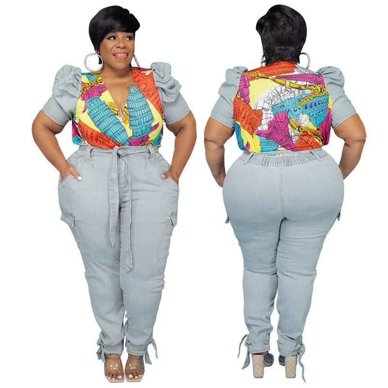 

New Sexy Denim Trousers Printed Suit Short Sleeve Top Pencil Jean Set Plus Size Autumn Clothing for Woman Stylish Clothes