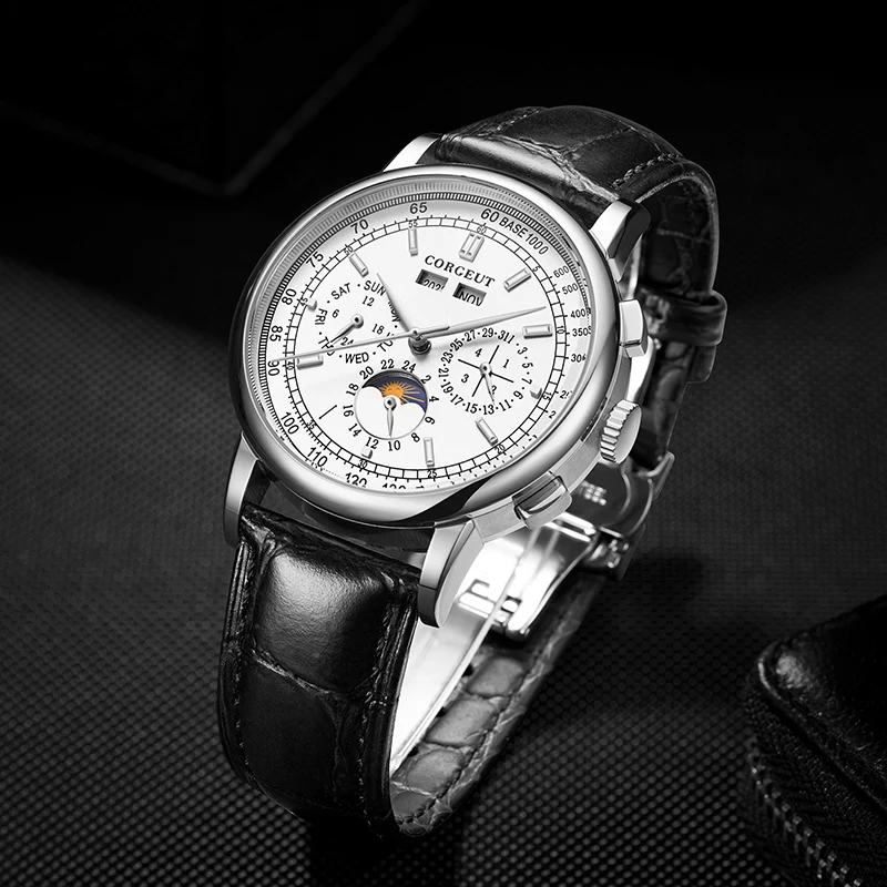 

CORGEUT 42mm Top Brand Mechanical Wristwatches Moon Phase White Dial Silver Year Day Month Week 316L SS Case Automatic Watch Men