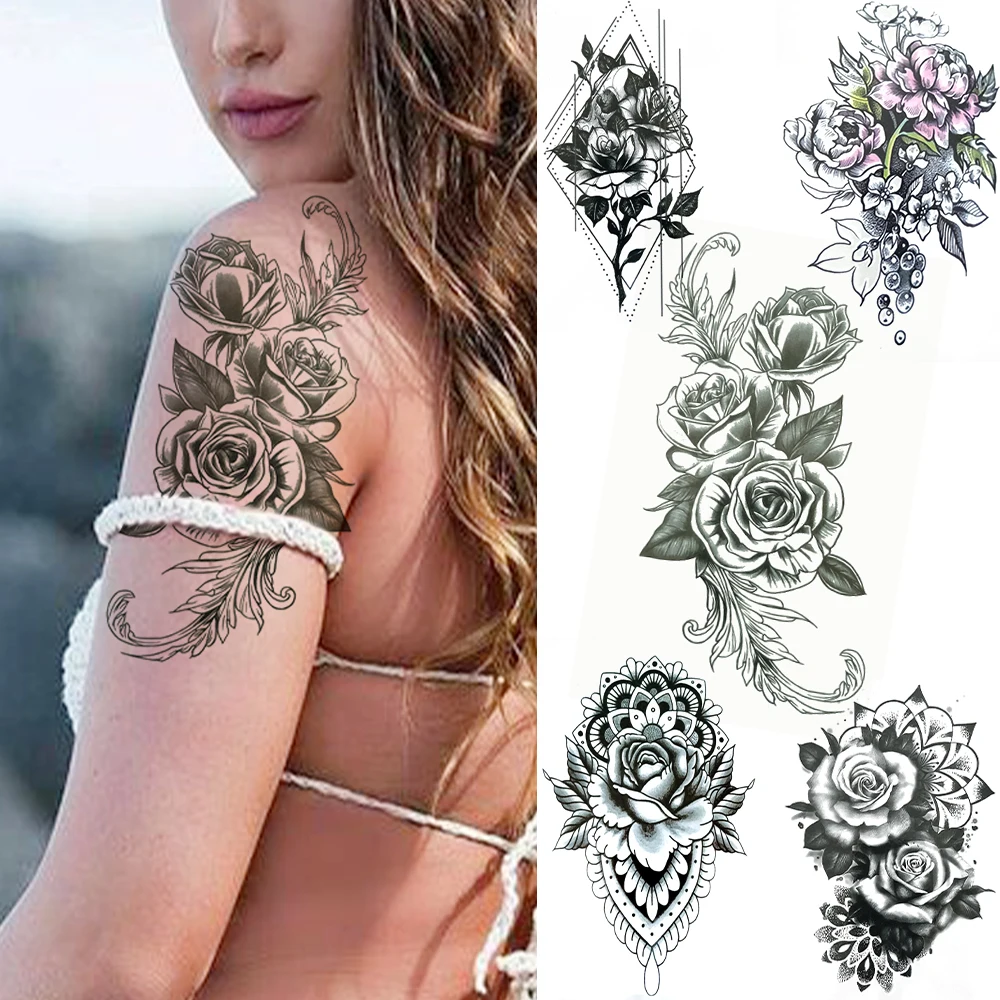 Sketch Rose Realistic Temporary Tattoos For Women Fashion Fake Body Art Drawing Tatoos