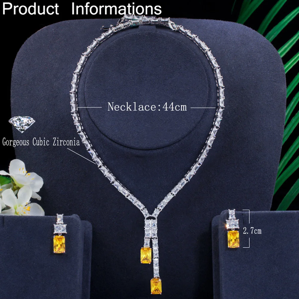 ThreeGraces Классическая квадратная желтая CZ Длинная цепочка чокер серьги свадебные