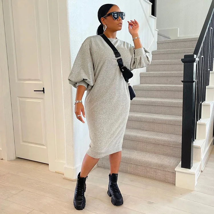 

Women Casual Lantern Sleeve Solid Loose Midi Dress