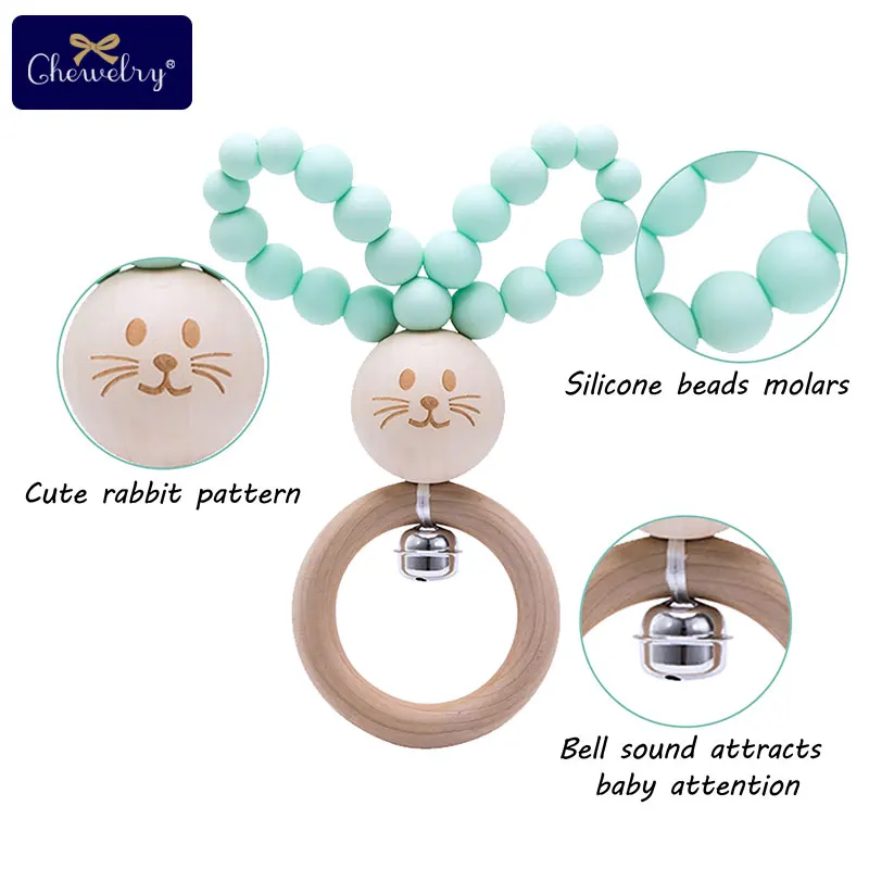 1PC Silicone Baby Teether Rodent Bunny Rattle Bracelet Wooden Ring Teething Toy Food Grade Hand Bell For Children Goods | Мать и ребенок