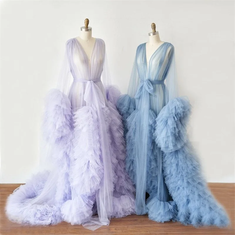 Newest Night Gown Illusion Bride Sleepwear Robes Tulle Custom Made Long Sleeves Dressing Gown Women Sexy Sleepwear Dresses