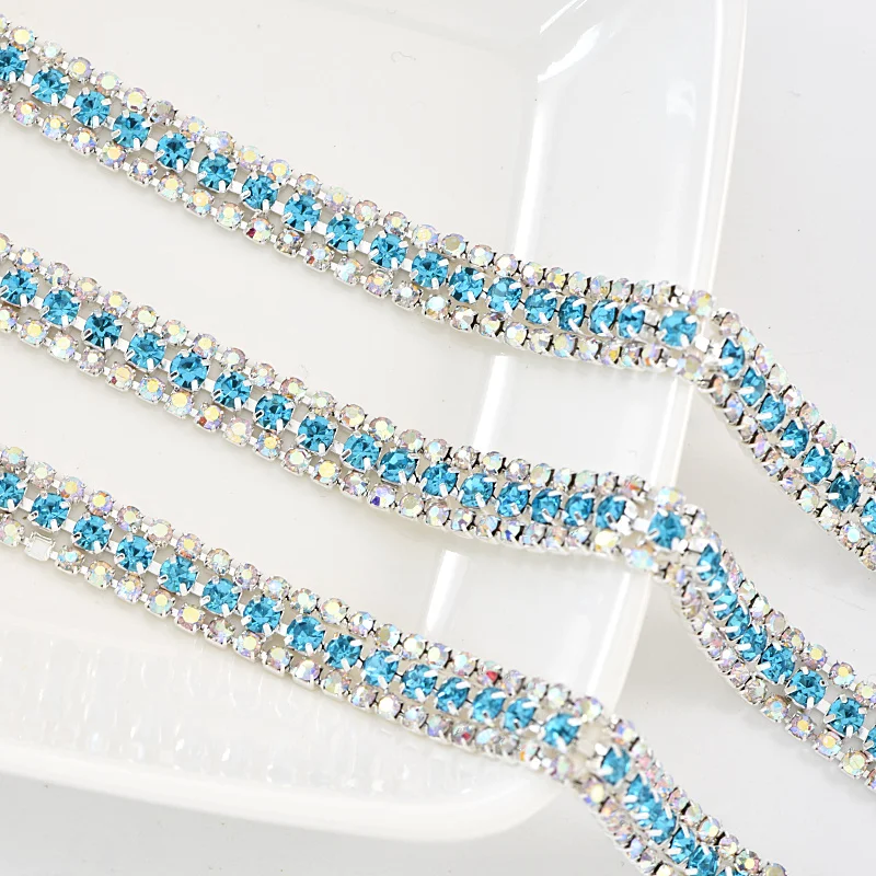 3 ряда 1 ярд с украшением в виде кристаллов Стекло Аквамарин пришить стразы