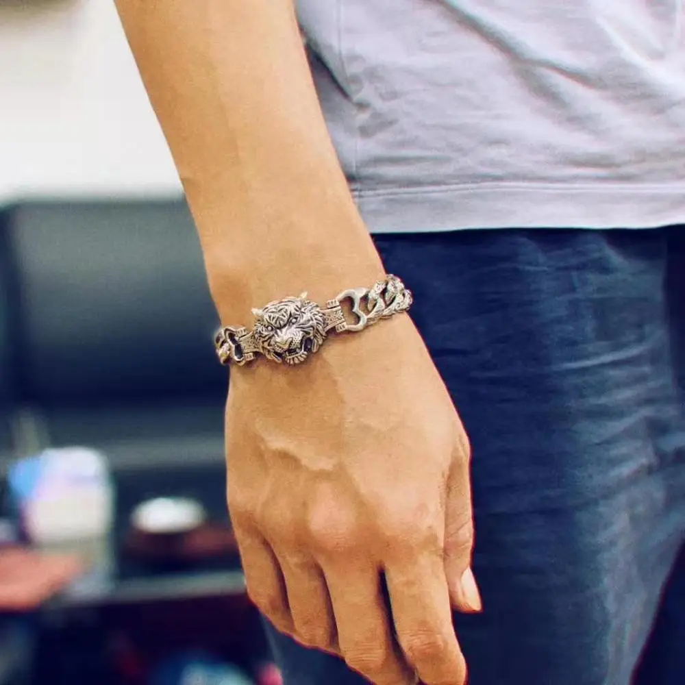 Тяжелая реальная кожа Серебряный Мужской мощный Тигр тайский панк рок ретро