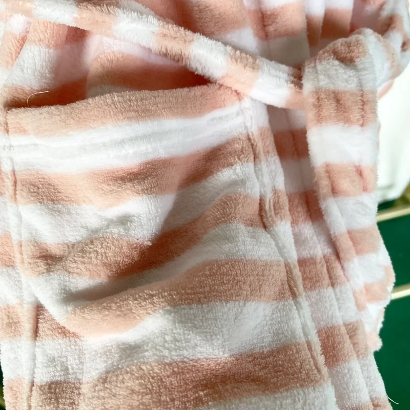 Autumn and winter models Ladies coral fleece long-sleeved nightgown Loose casual warm striped nightdress