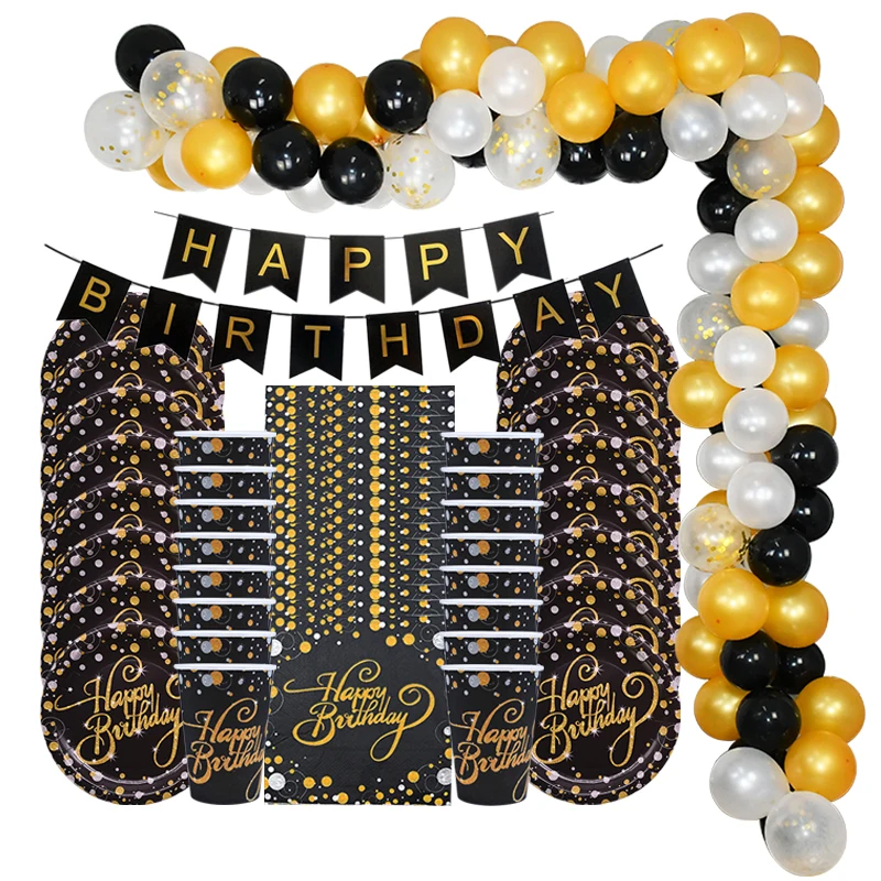 

Gold Black Happy Birthday Disposable Tableware Bunting Banner Plate Cup Napkin Tablecloth Birthday Party Decor Supplies