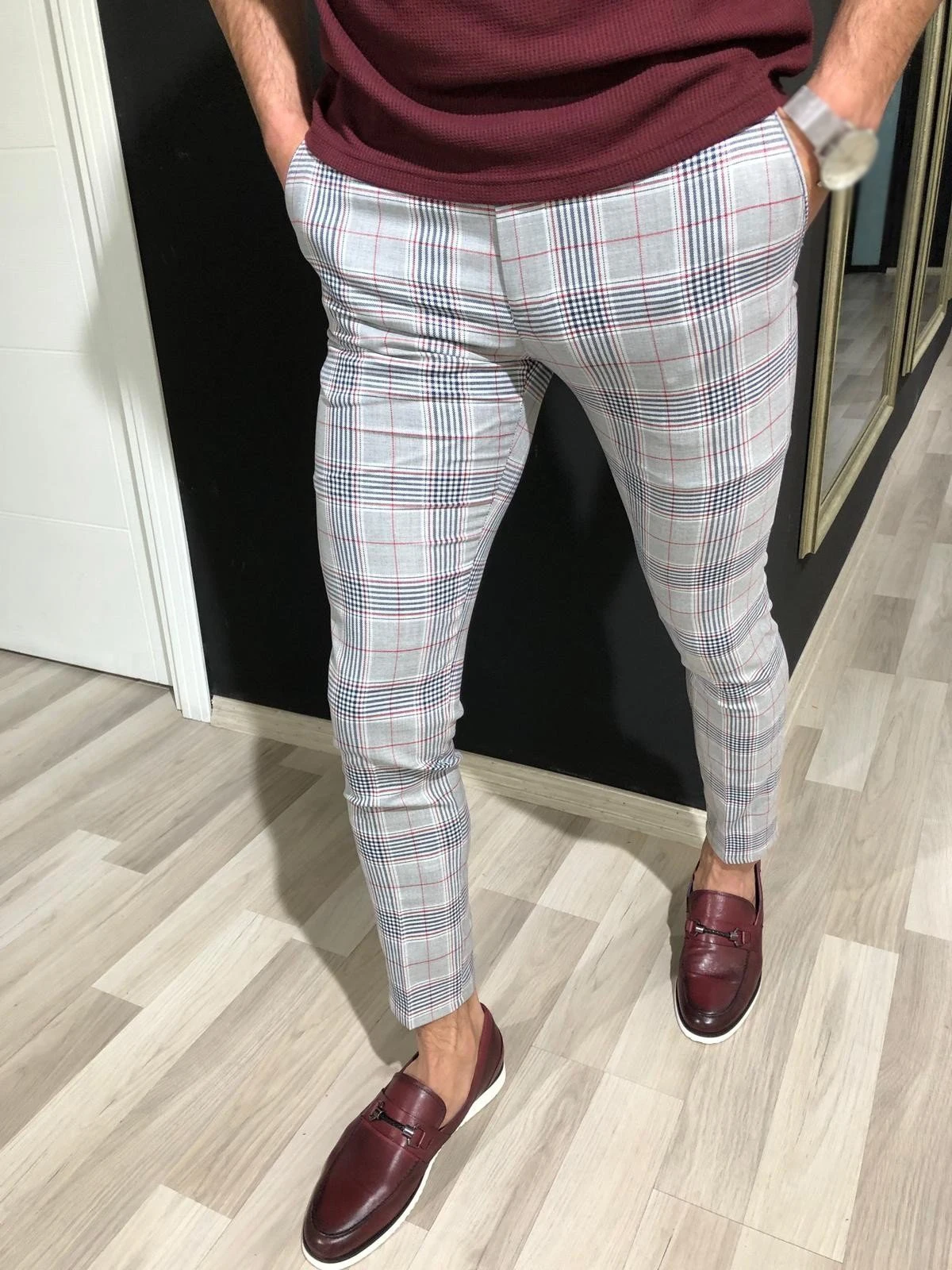 Mens Slim Fit Trousers Check Casual Pants Joggers Tartan Jogging Skinny Bottoms Men Male | Мужская одежда