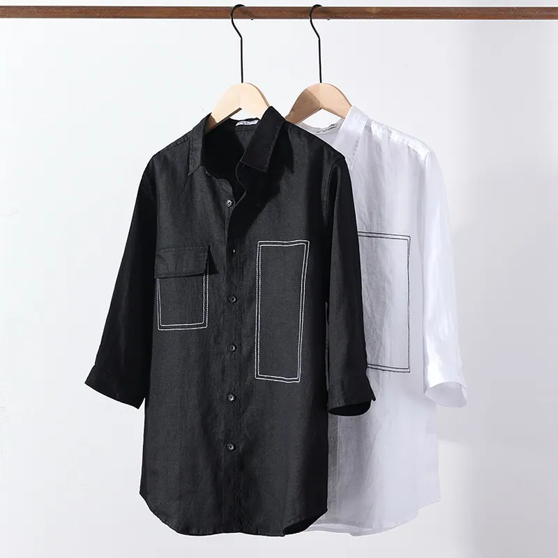 

2121 Summer New Style 100% Linen Three-Quarter Sleeve Shirt Loose Embroidery Men's Square Collar Linen Shirt 1012