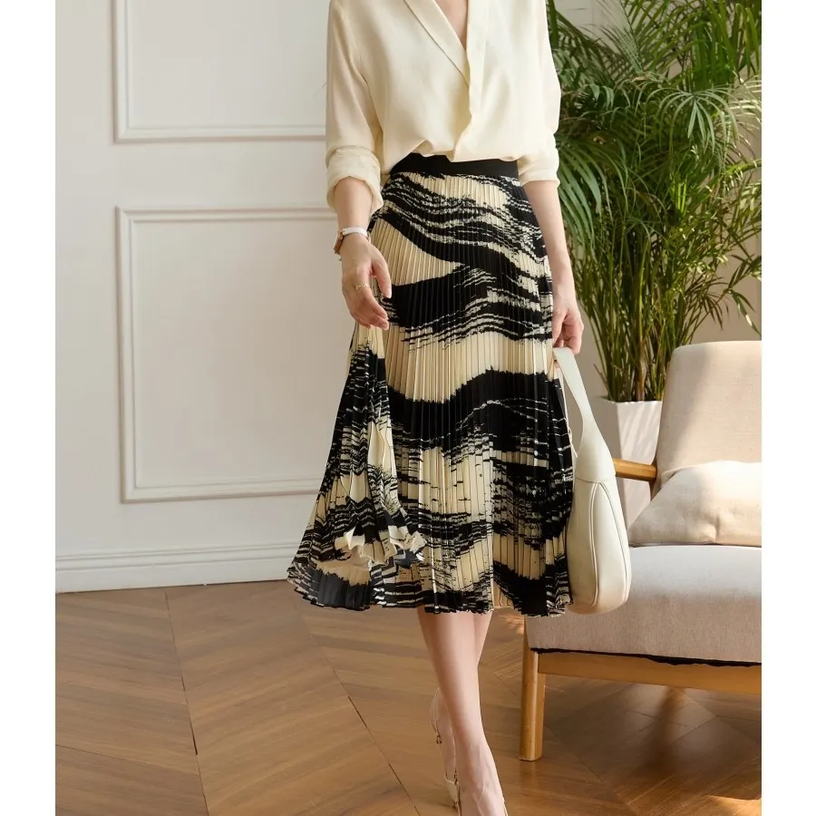 Elegant Contrast Color Ink Print Pleated Slimming Skirt Women 2021 New Spring And Summer Mid-length Skirt