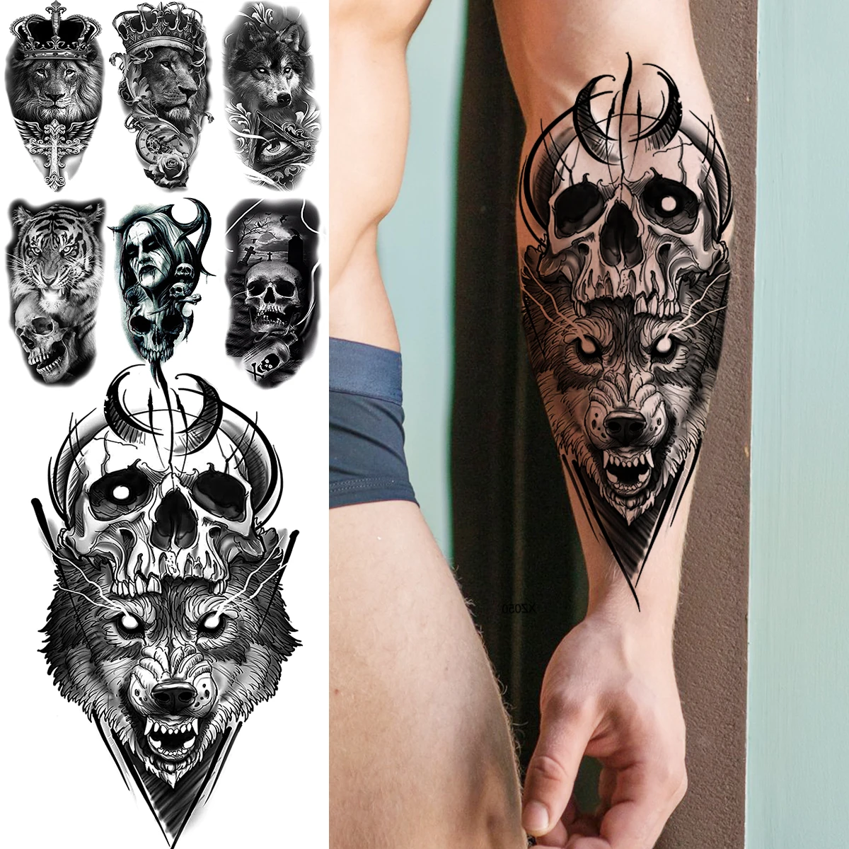 

3D Geometric Wolf Skull Head Temporary Tattoos For Men Adult Tiger Lion Halloween Crown Tattoo Fashion Half Sleeve Tatoo Sticker