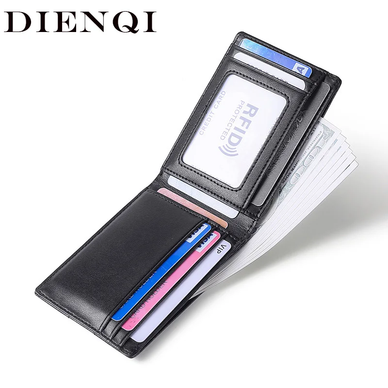 

DIENQI Top Grain Leather Wallets for Men RFID Blocking Slim 10 Card Holder Bifold Male Billfold Thin Wallet Money Bags Purses