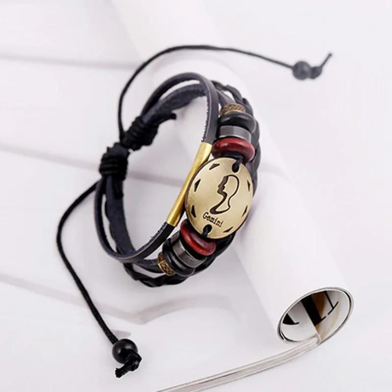 Мужские и женские плетеные браслеты 12 созвездий кожаные со знаками Зодиака