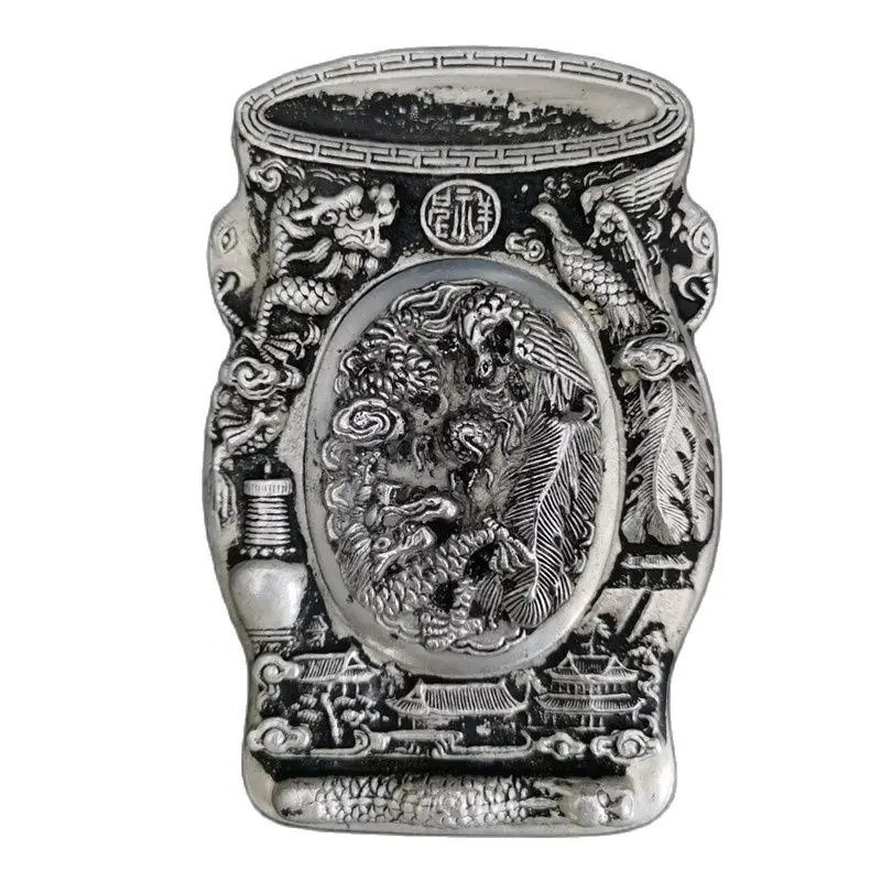 

Chinese Old Tibetan Silver Relief Inkstone Plate With Silver The Dragon Phoenix Inkstone