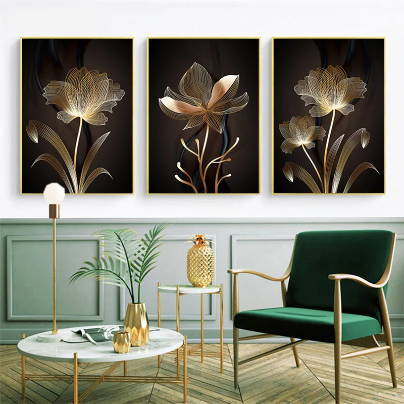 Abstract Golden Flower Plant Picture Wall Poster Modern Style Canvas Painting Posters and Prints Living Room Unique Decoration | Дом и сад